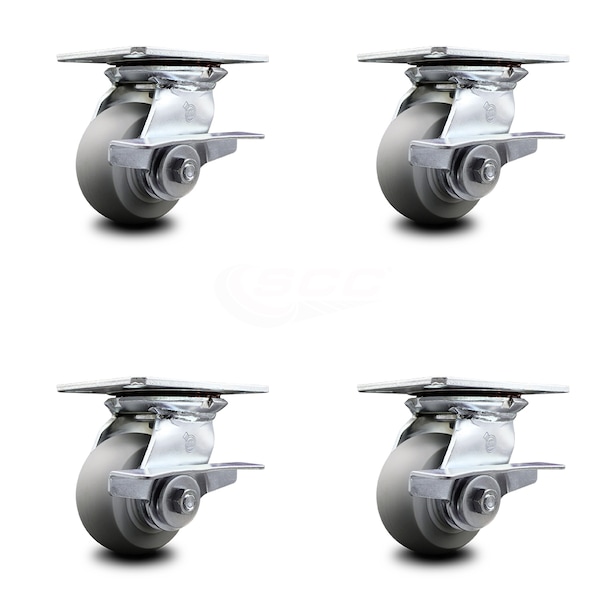 4 Inch Heavy Duty Thermoplastic Caster Set with Ball Bearings and Brakes SCC